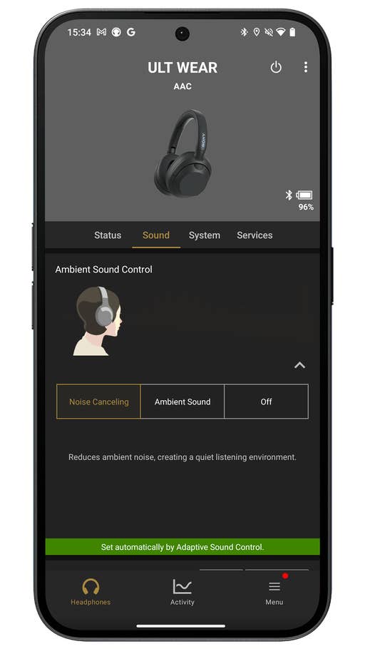 Capture du0027écran de lu0027application Sony Headphones Connect montrant les modes de réduction de bruit active du Sony ULT WEAR.
