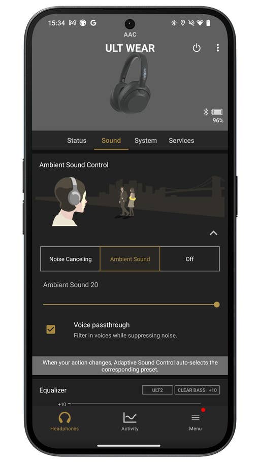 Capture du0027écran de lu0027application Sony Headphones Connect montrant les modes de réduction de bruit active du Sony ULT WEAR.
