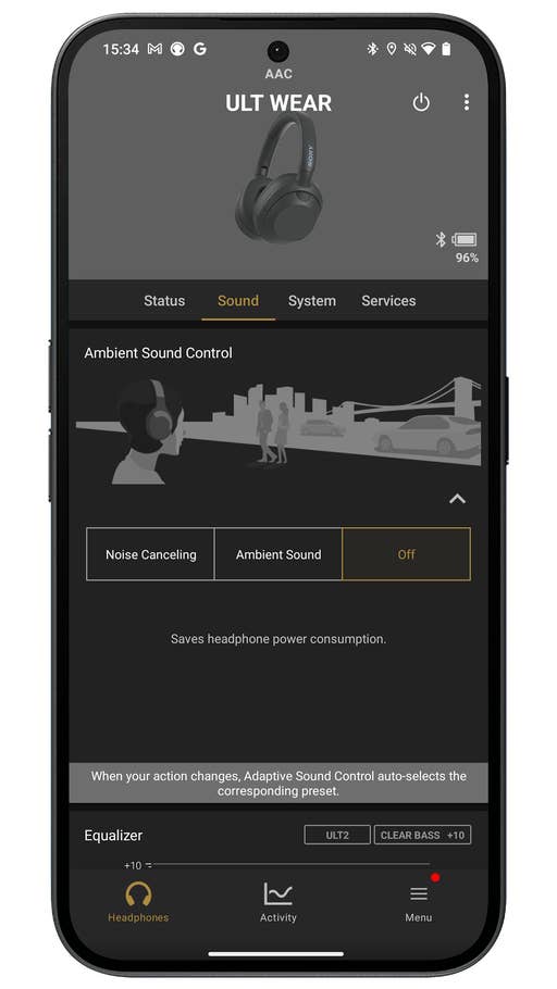 Capture du0027écran de lu0027application Sony Headphones Connect montrant les modes de réduction de bruit active du Sony ULT WEAR.