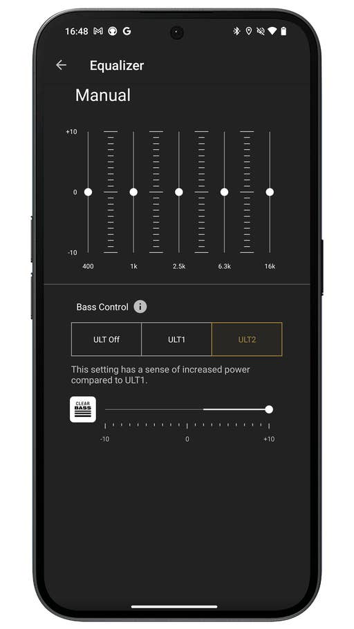 Capture du0027écran de lu0027application Sony Headphones Connect montrant lu0027égaliseur du casque Sony ULT WEAR.