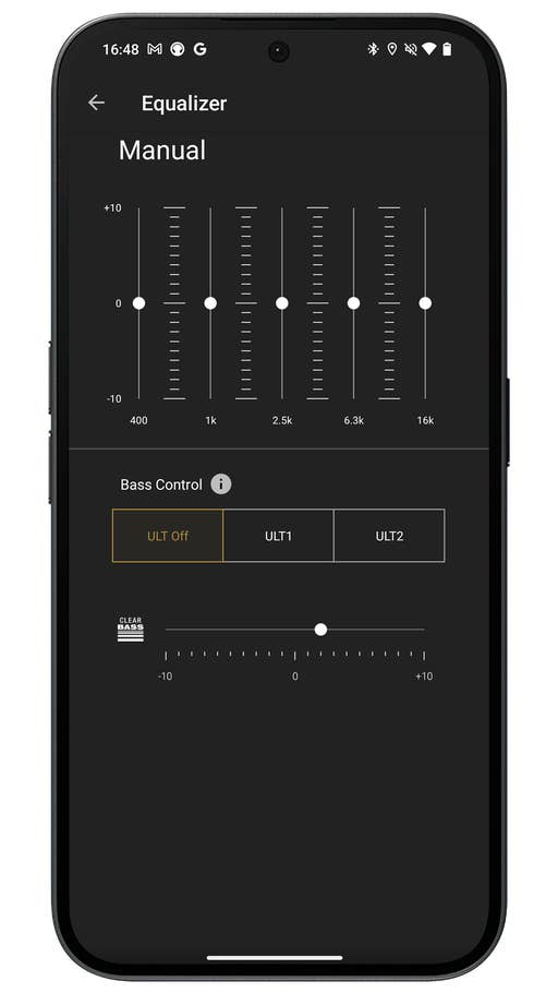 Capture du0027écran de lu0027application Sony Headphones Connect montrant lu0027égaliseur du casque Sony ULT WEAR.