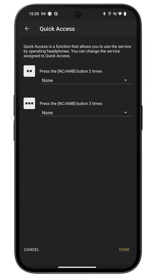Capture du0027écran de lu0027application Sony Headphones Connect montrant la fonctionnalité Quick Access du casque Sony ULT WEAR.