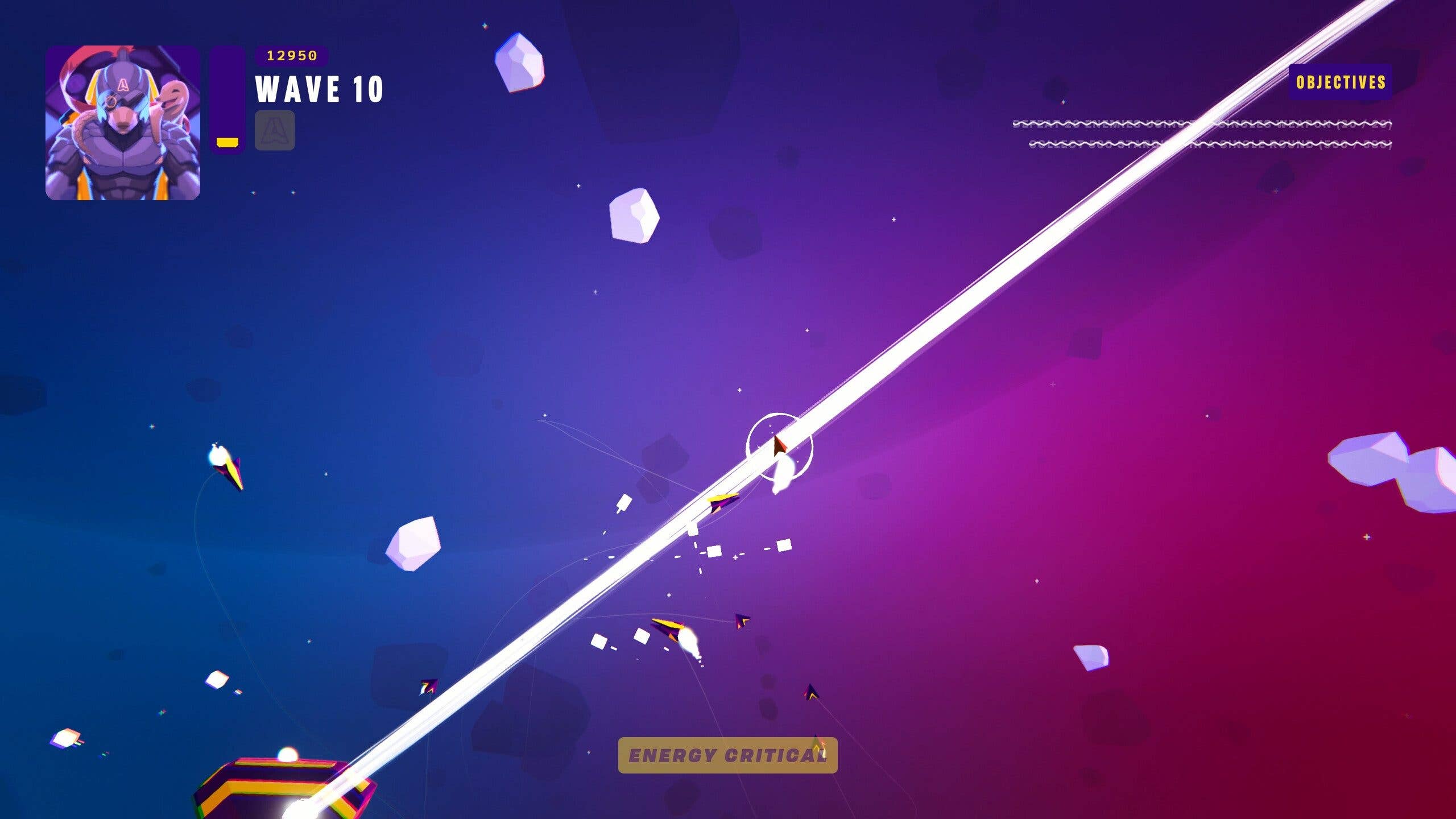 Interface de jeu montrant la vague 10, le statut d'énergie critique et les objectifs sur un fond numérique coloré.