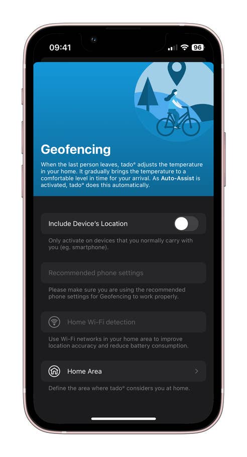Écran mobile affichant les paramètres de géorepérage tado° et options de contrôle de la température.