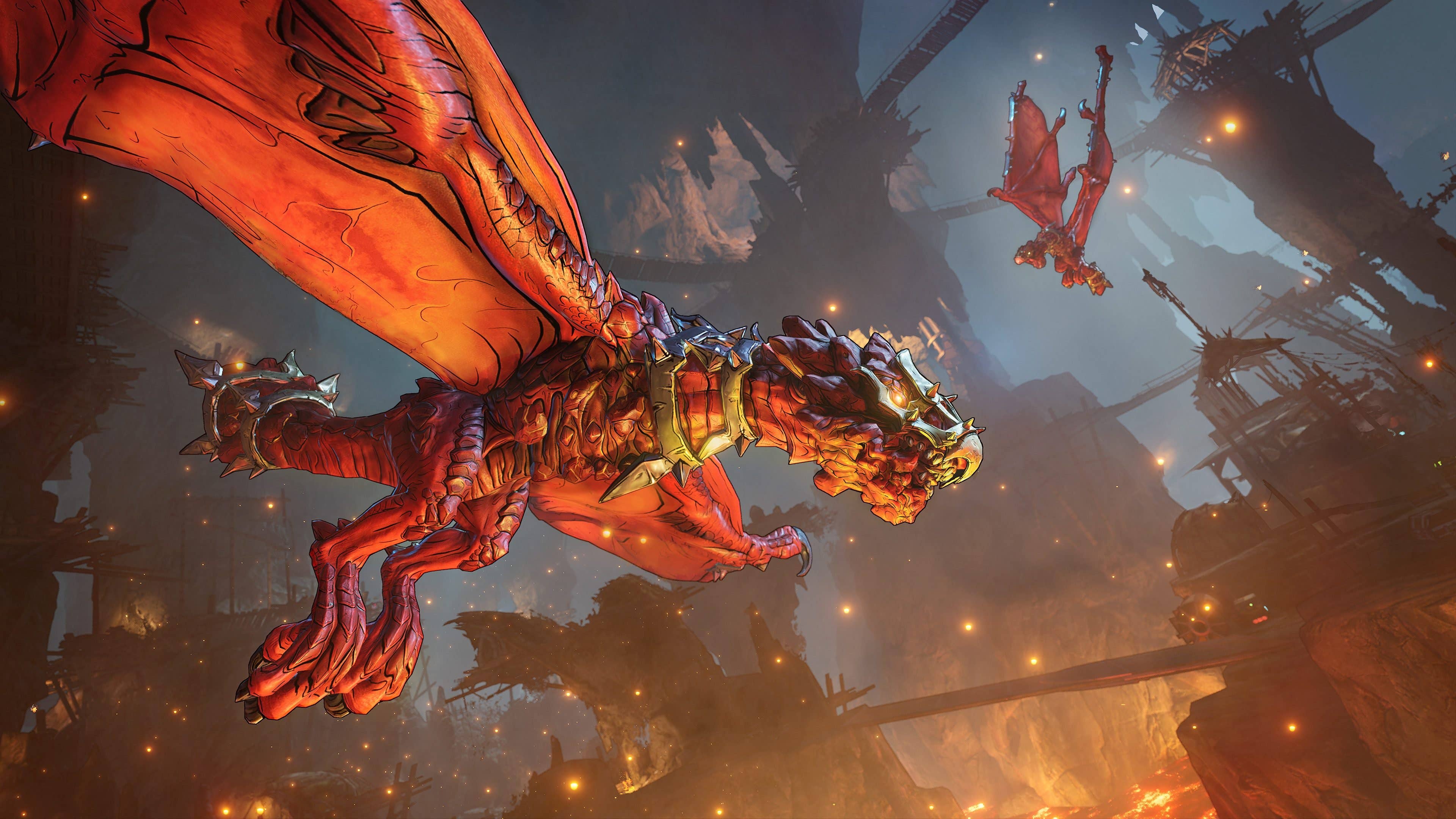 Deux dragons rouges s'élevant dans un paysage sombre et ardent.