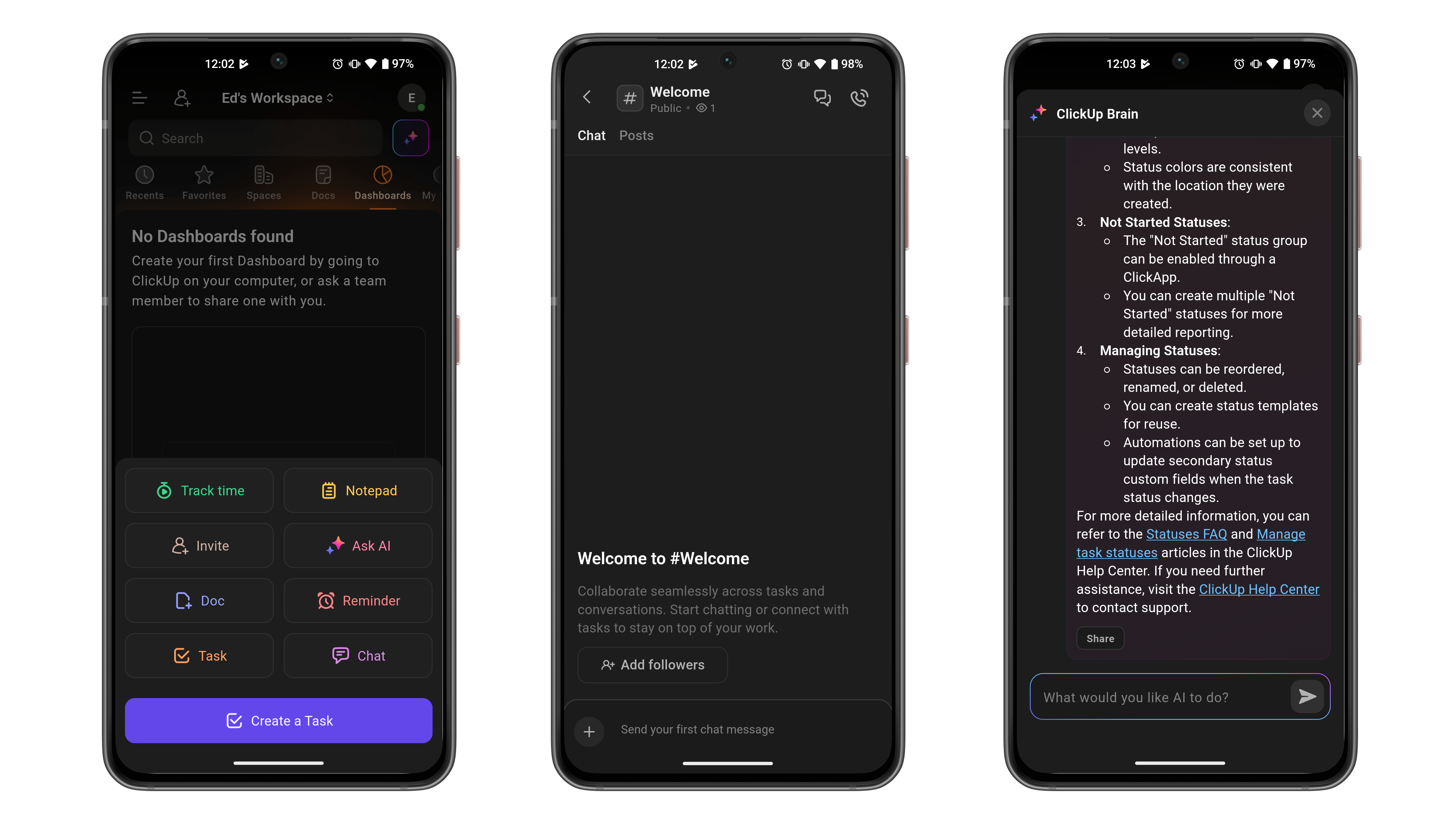 Trois écrans de téléphone mobile affichant l'interface ClickUp avec des fonctionnalités de gestion des tâches.