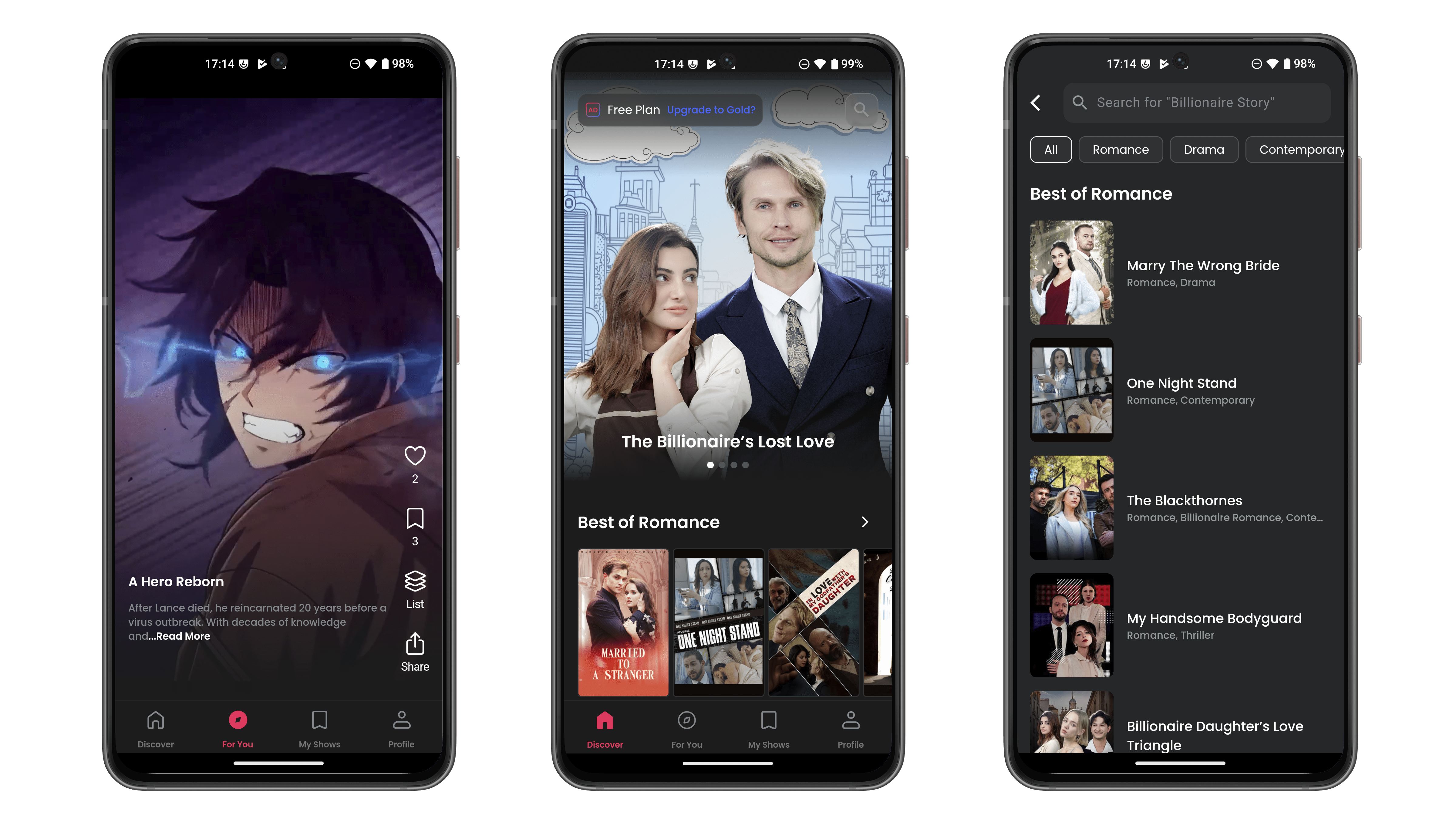 Trois smartphones affichant une application numérique avec des histoires d'amour et de drame, y compris 'A Hero Reborn' et 'The Billionaire's Lost Love'.