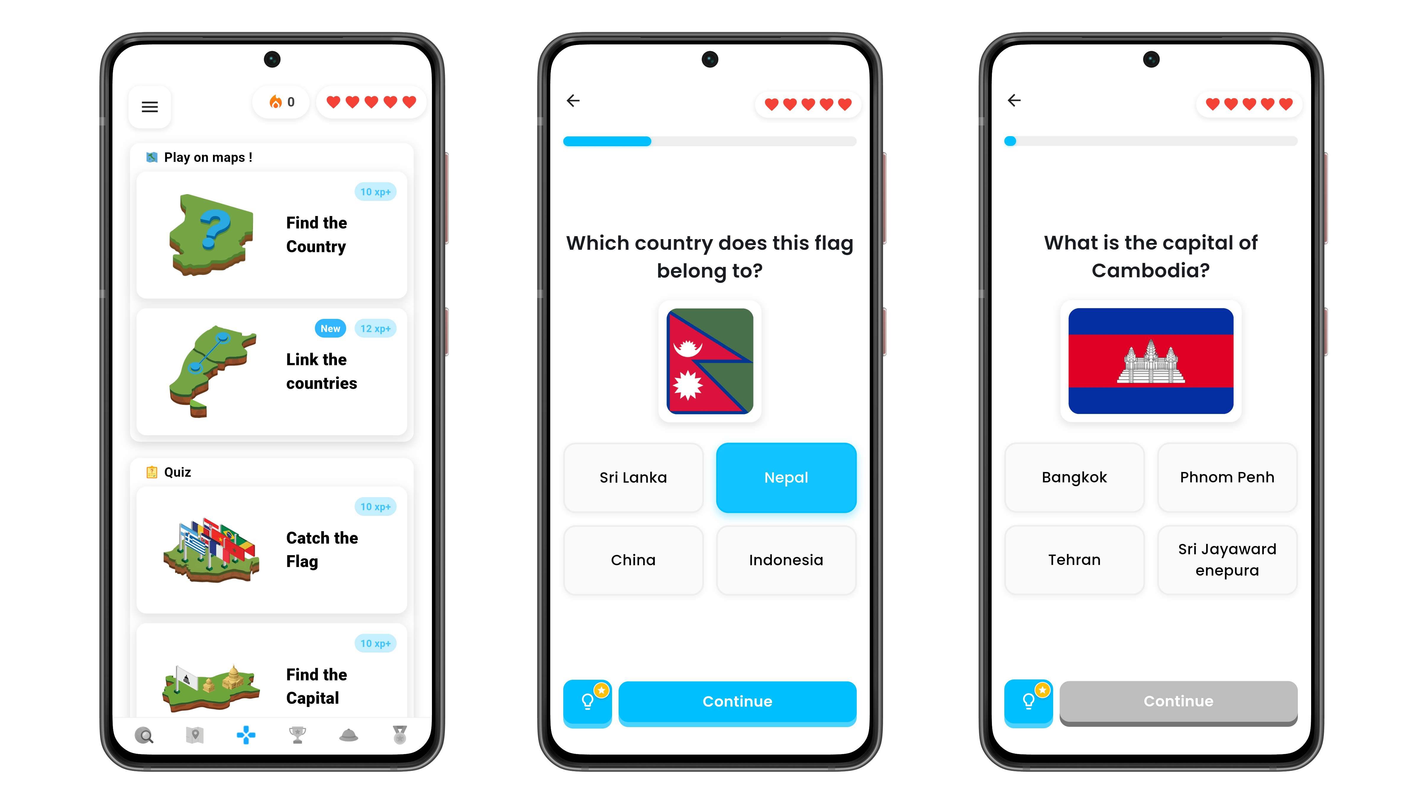 Écran d'application mobile affichant des quiz et des jeux de géographie.