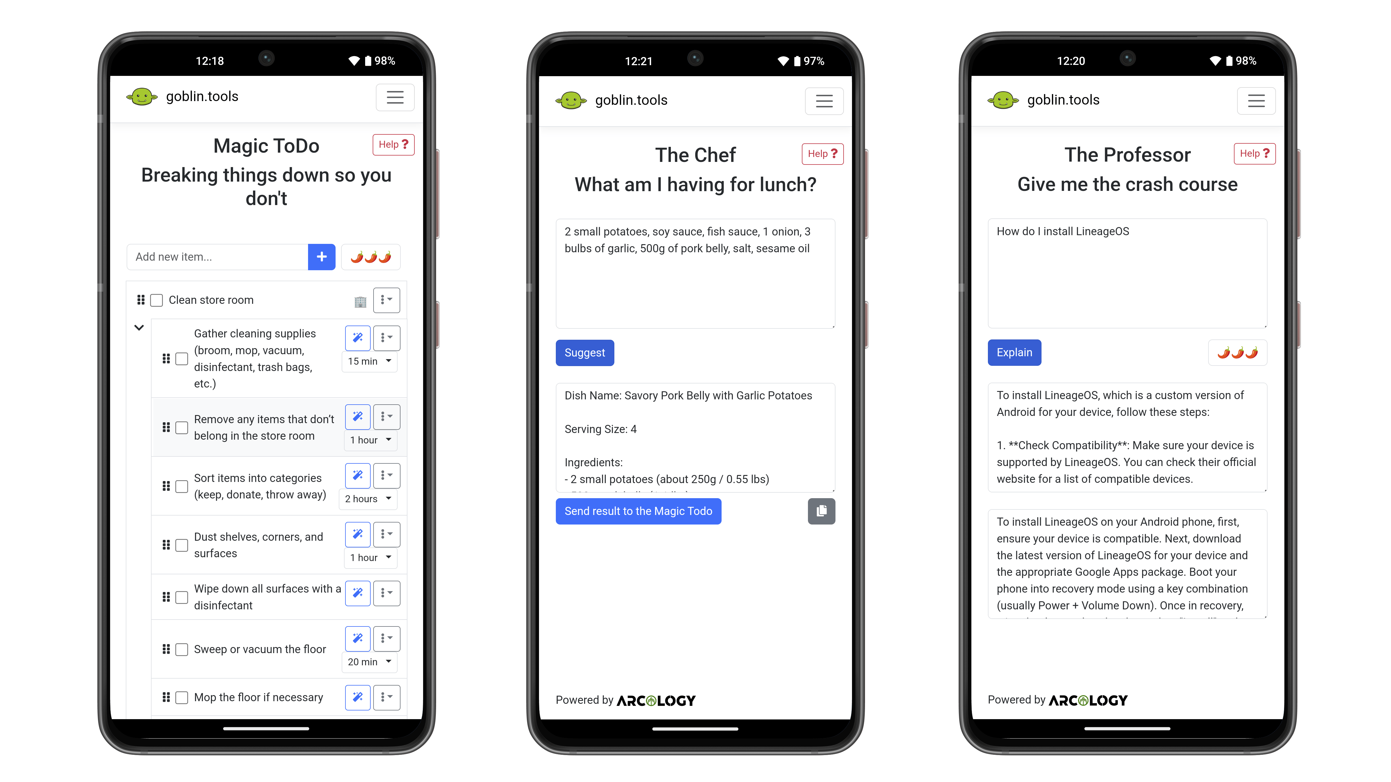 Trois écrans de smartphone affichant une liste de tâches, une recette et des instructions pour installer LineageOS.