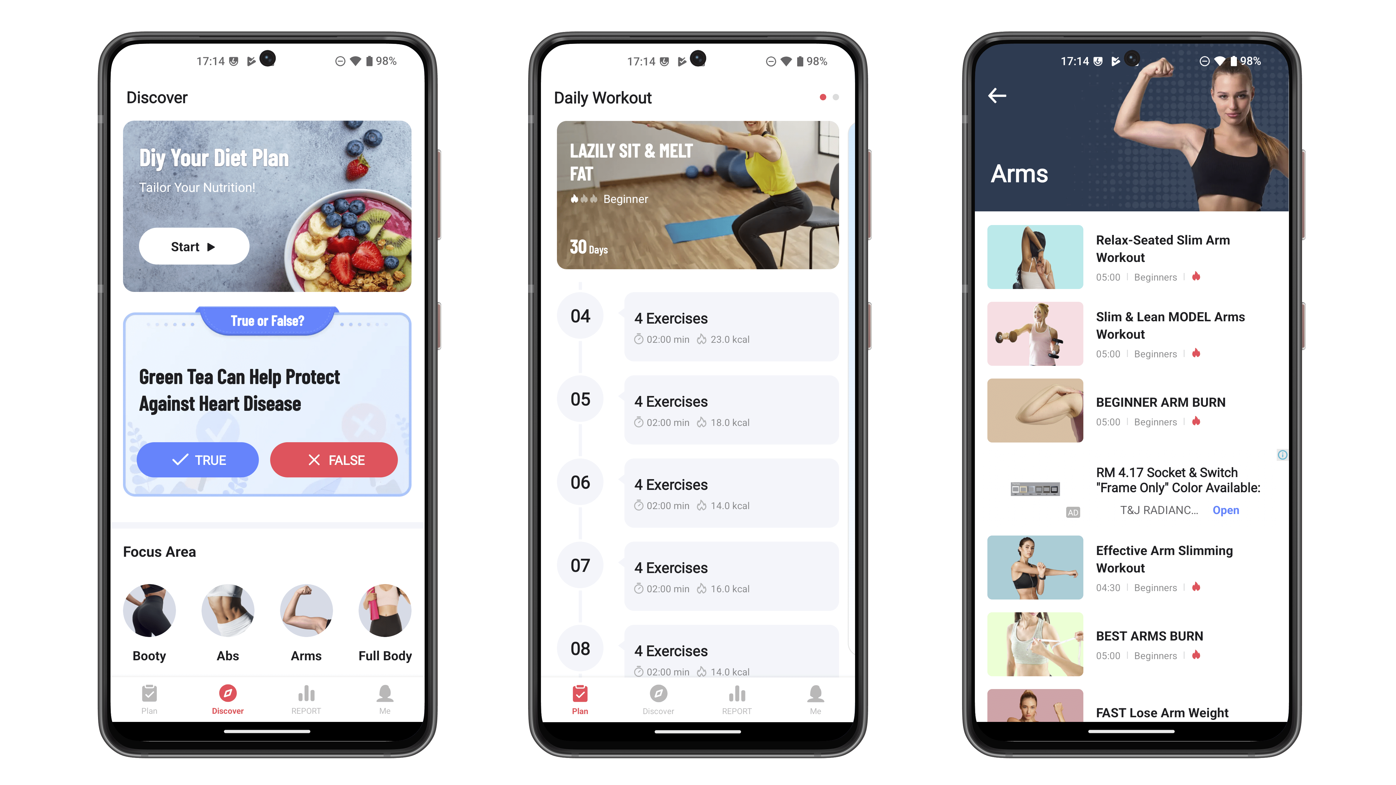 Trois écrans de smartphone montrant les fonctionnalités d'une application de fitness : plans de régime, entraînements quotidiens et exercices pour les bras.