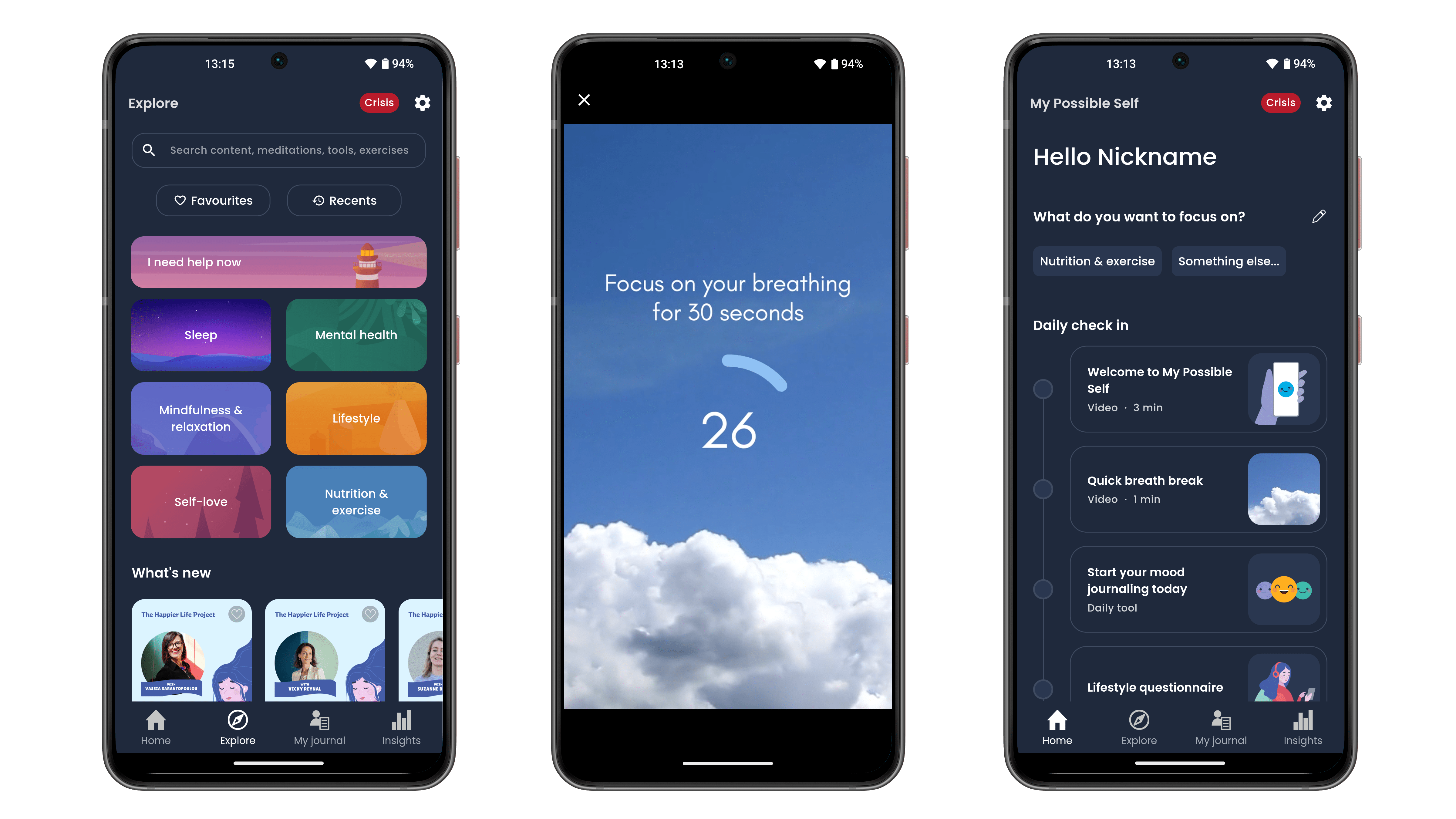 Trois écrans de smartphone affichant une application de bien-être mental avec des instructions de méditation et de respiration.