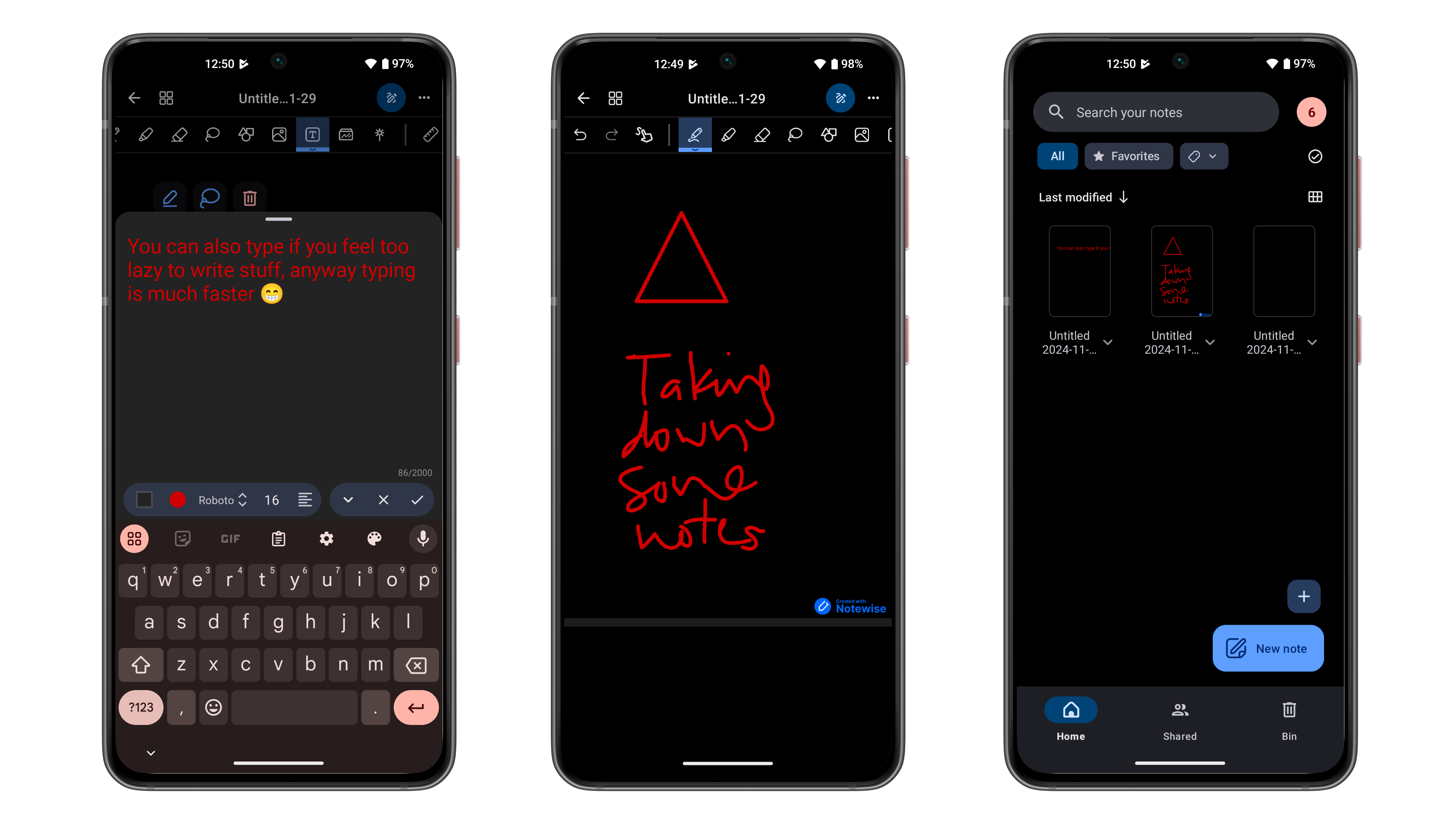 Trois smartphones affichant des applications de prise de notes avec des notes tapées et manuscrites sur la paresse d'écrire.