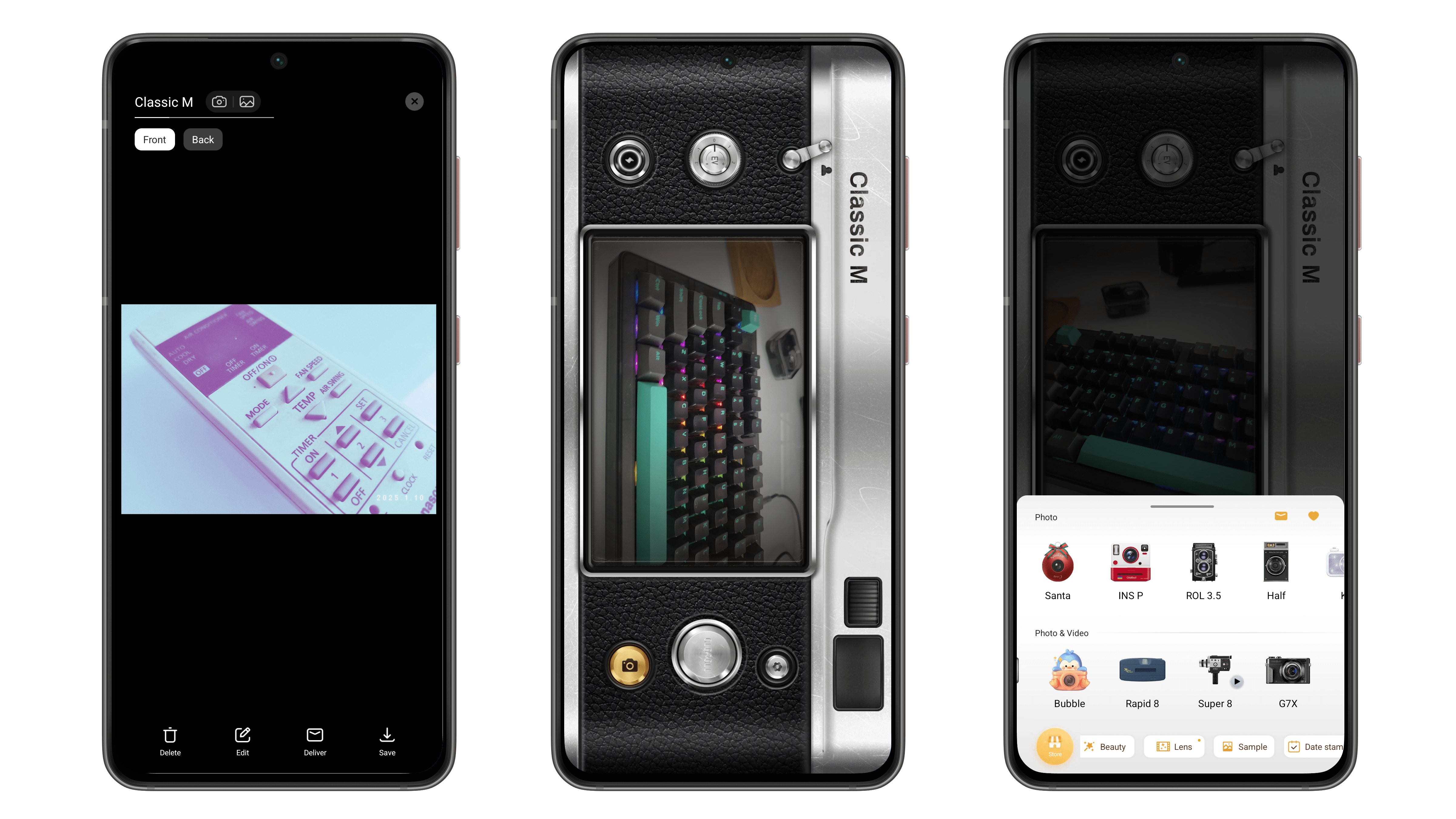 Trois écrans de smartphone affichant une interface de caméra et des images d'une télécommande et d'un clavier.