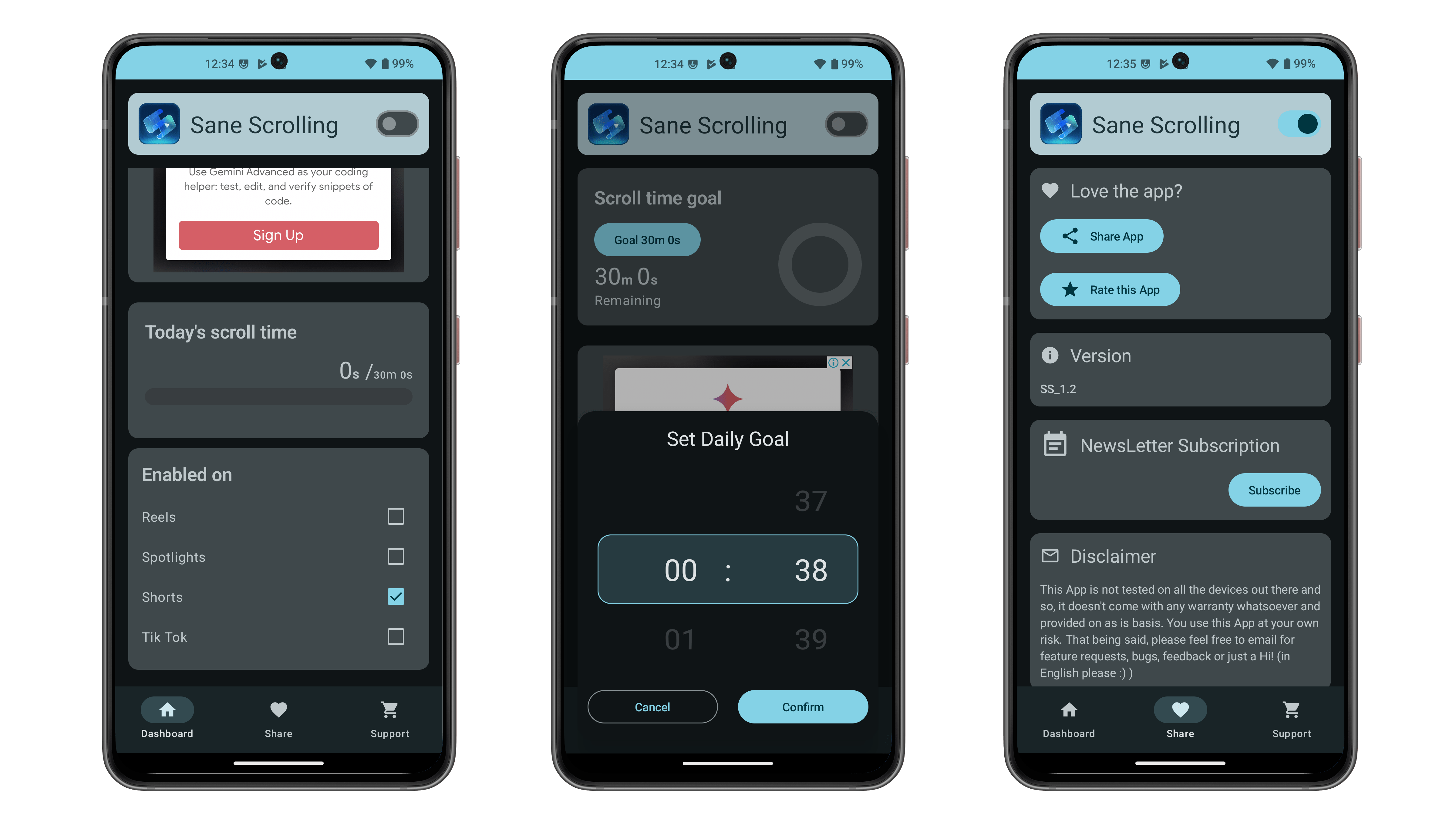 Trois écrans de smartphone affichant l'interface de l'application Sane Scrolling avec des paramètres de temps de défilement et des options.
