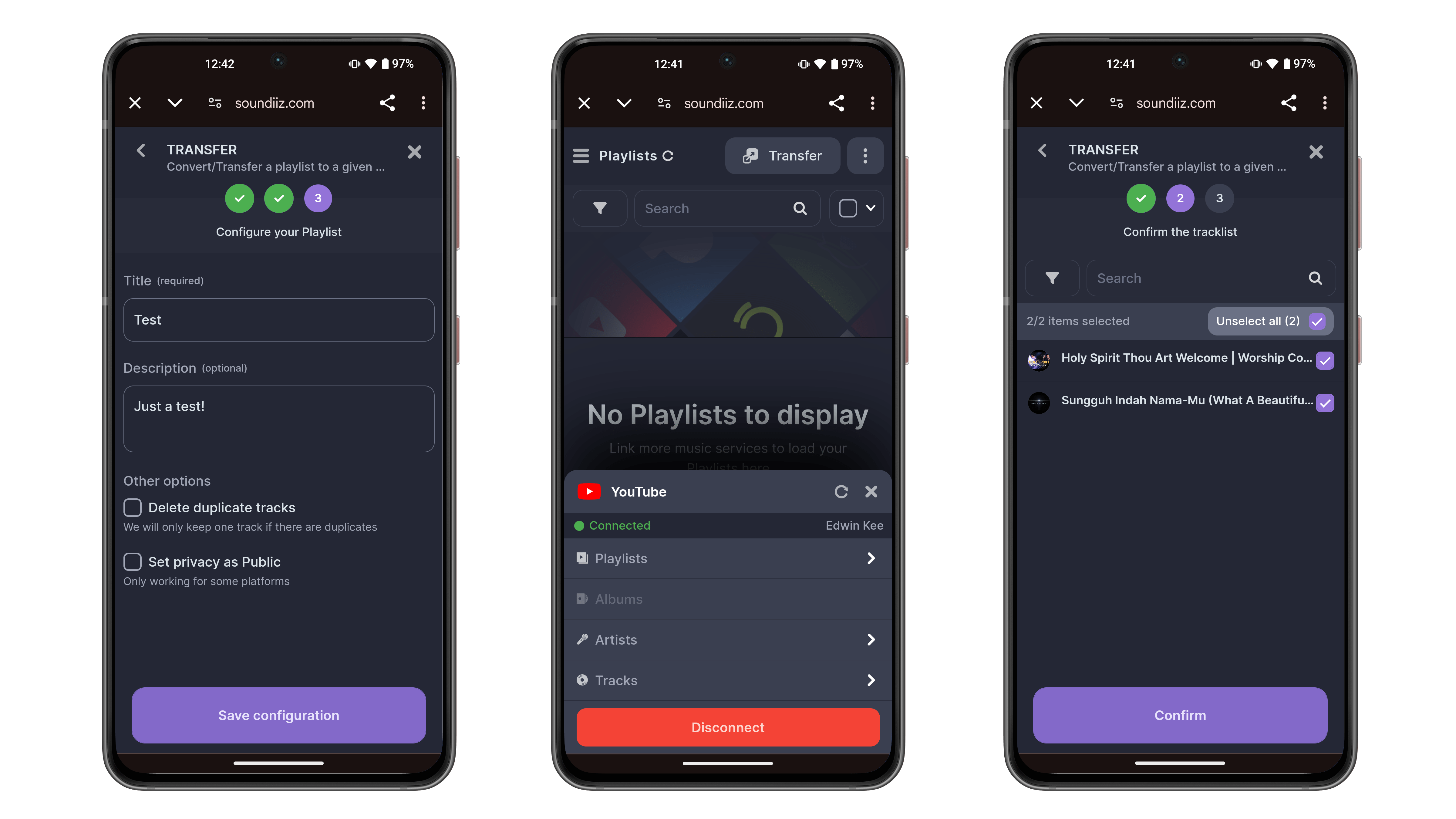 Trois écrans de smartphone affichant l'interface de transfert de playlist Soundiz.