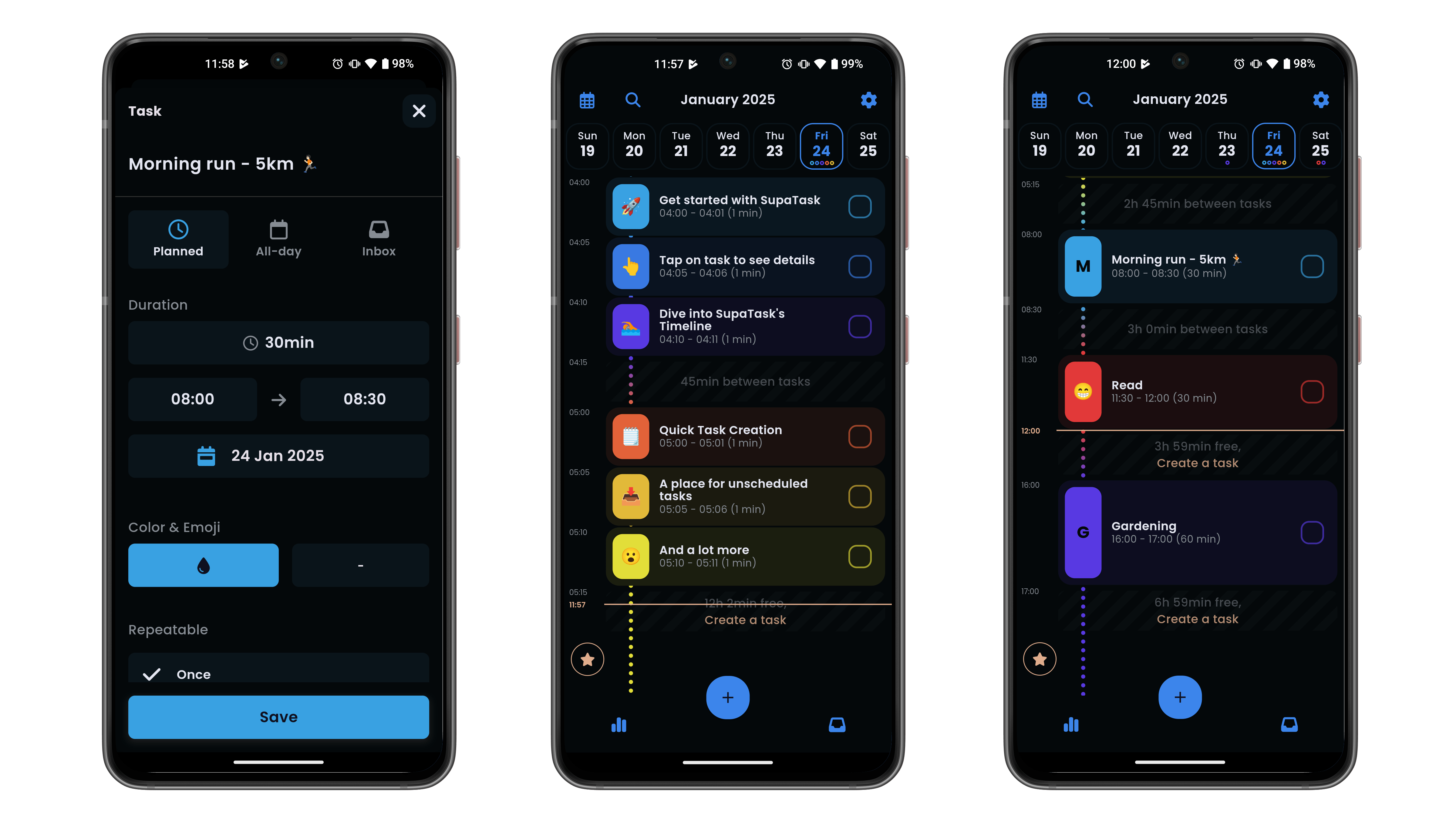 Trois smartphones affichant une application de planification de tâches pour janvier 2025 avec une course matinale programmée.