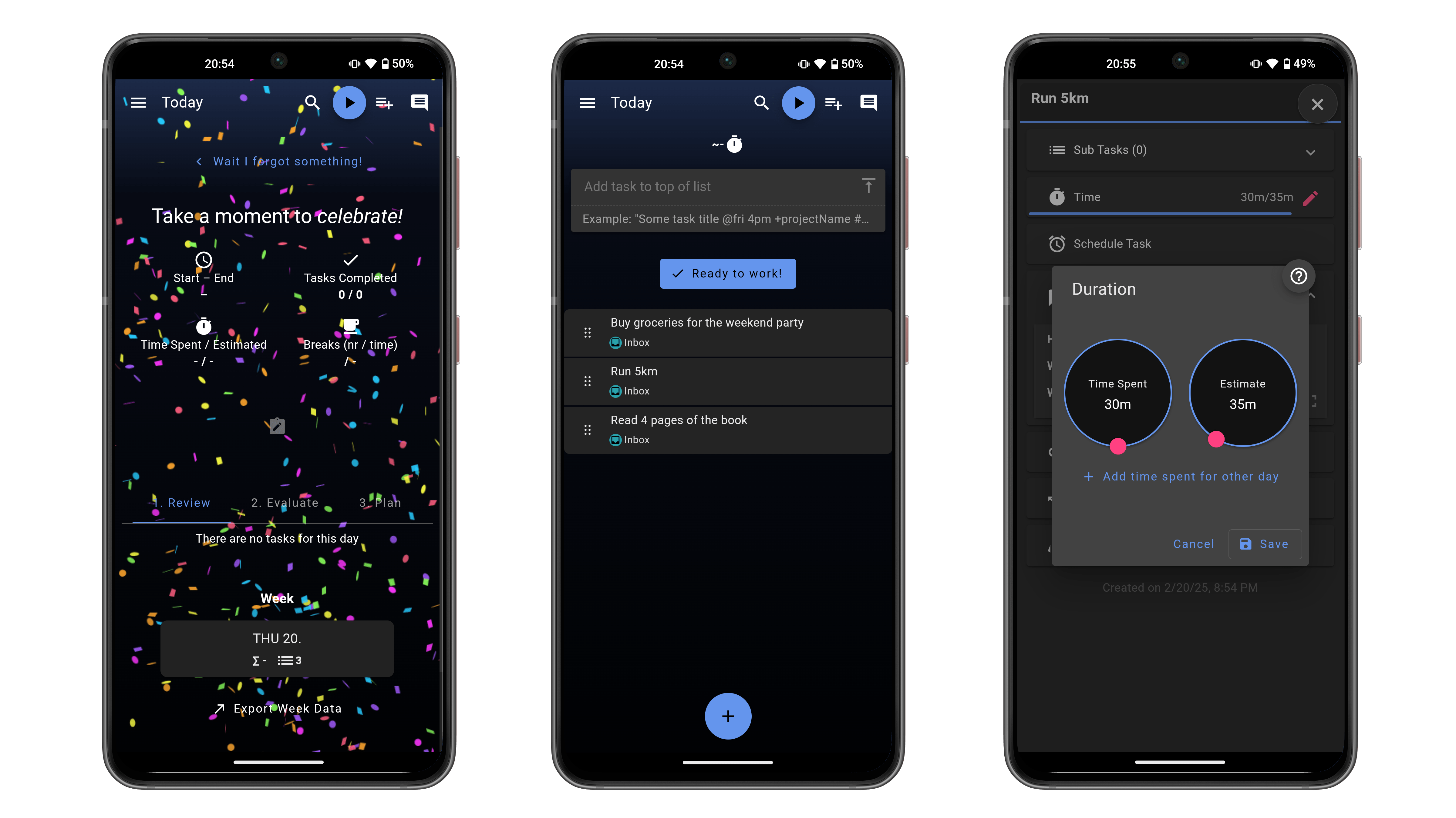 Interface d'application mobile affichant les tâches du jour avec des confettis en fête.