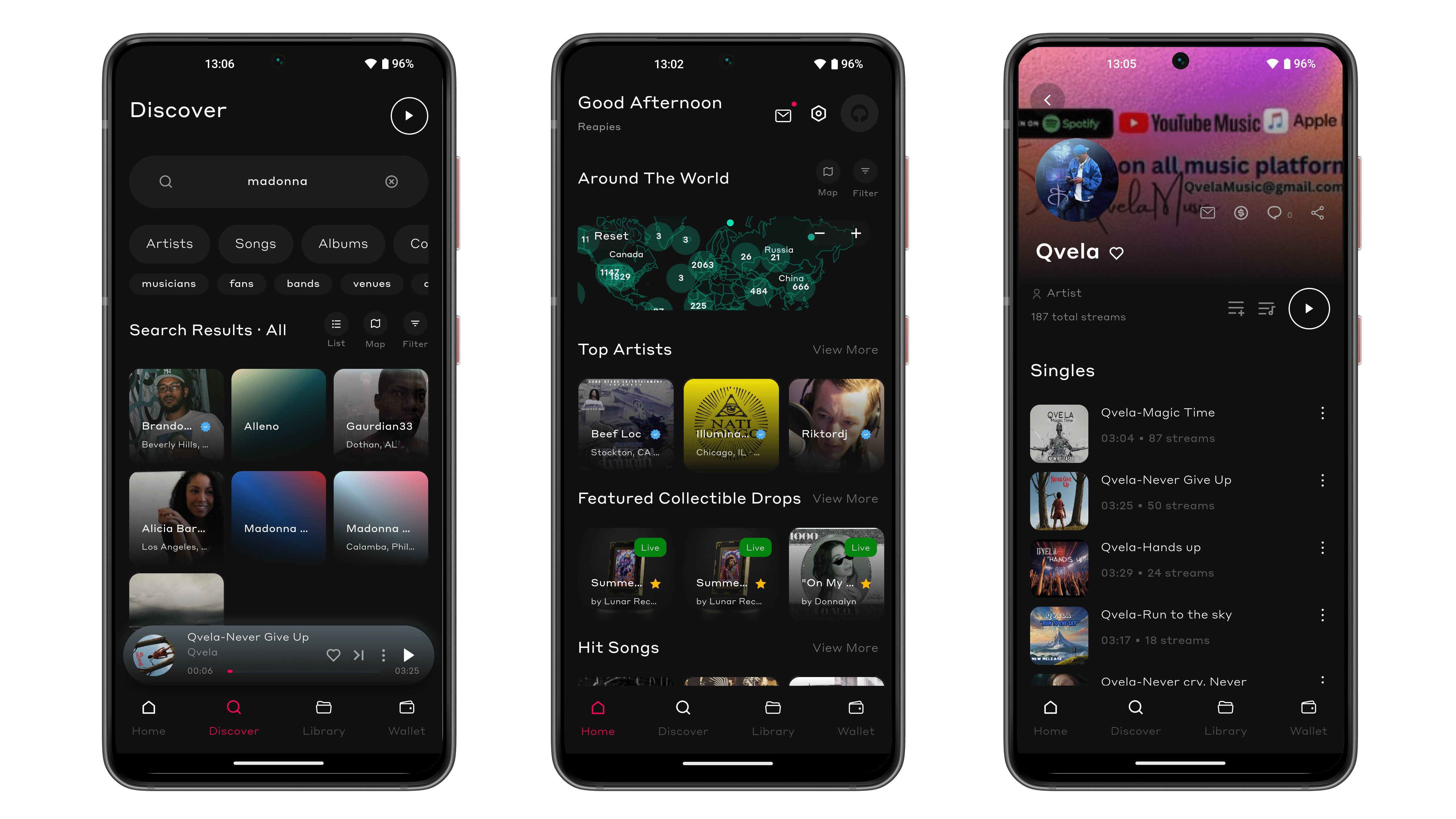 Trois écrans de smartphone affichant des applications de streaming musical avec des résultats de recherche et des profils d'artistes.