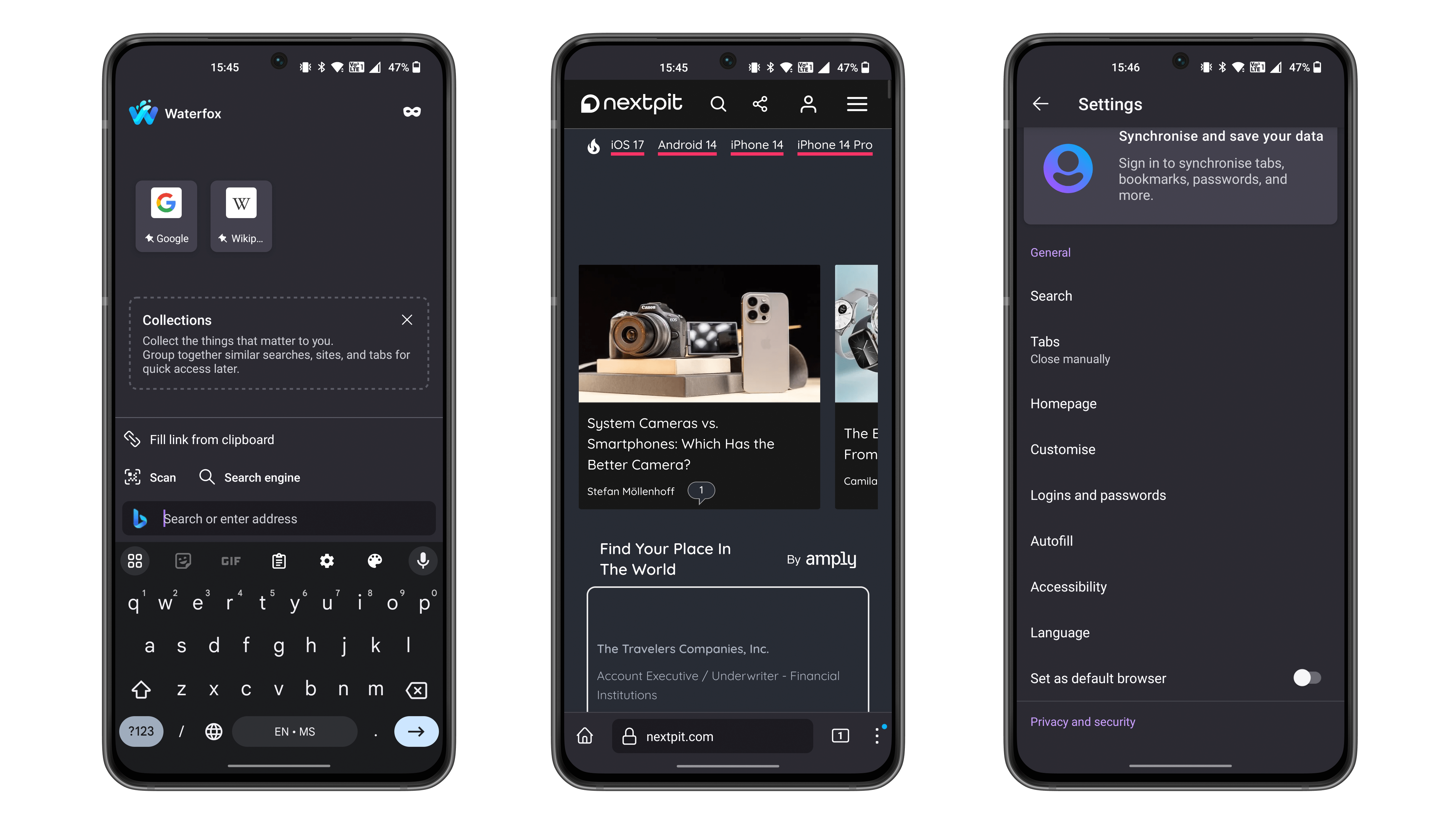 Screenshot captures from the app Waterfox