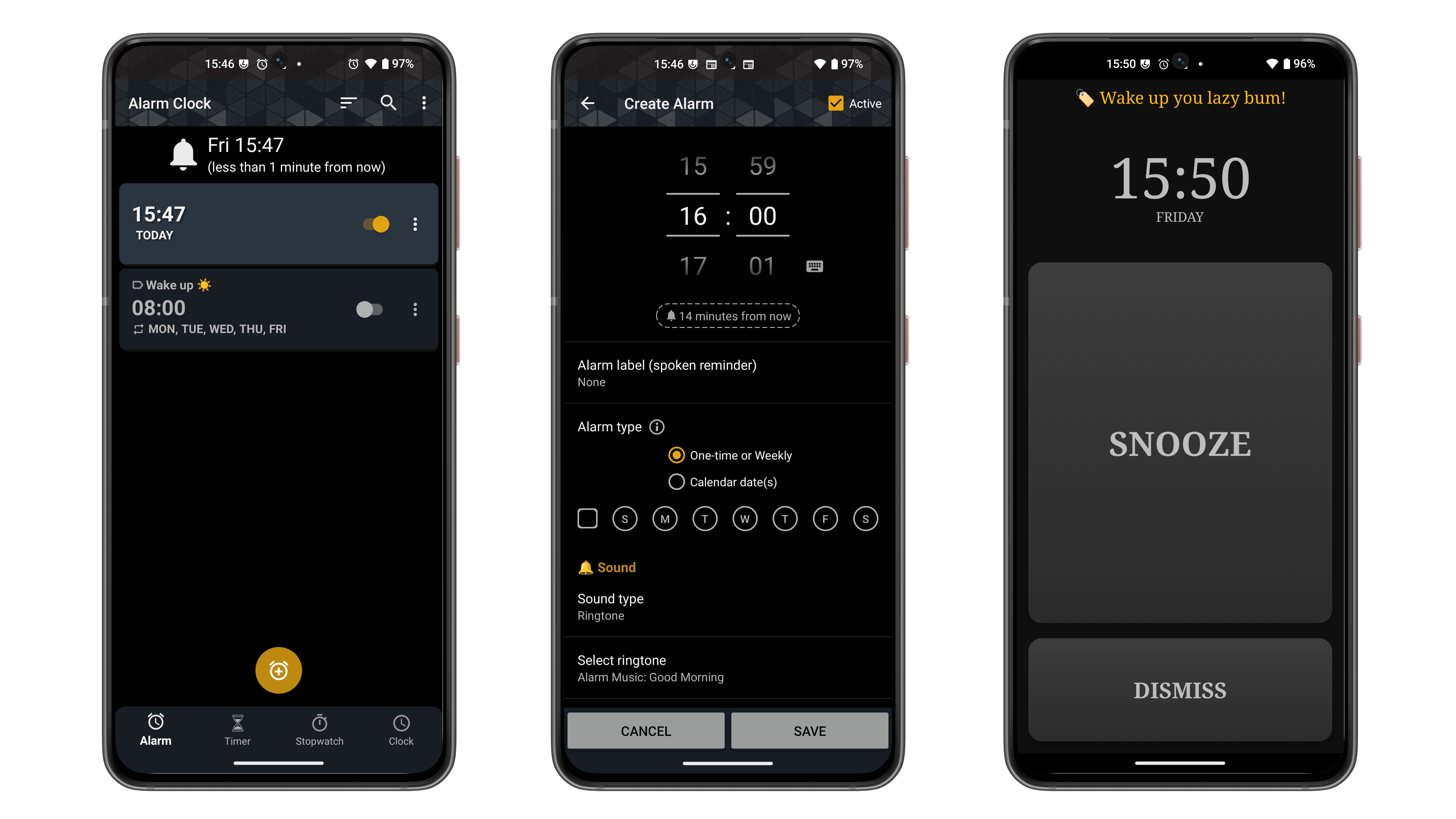 Trois écrans de smartphone affichant des interfaces de réveil avec l'heure actuelle et les paramètres de réveil.