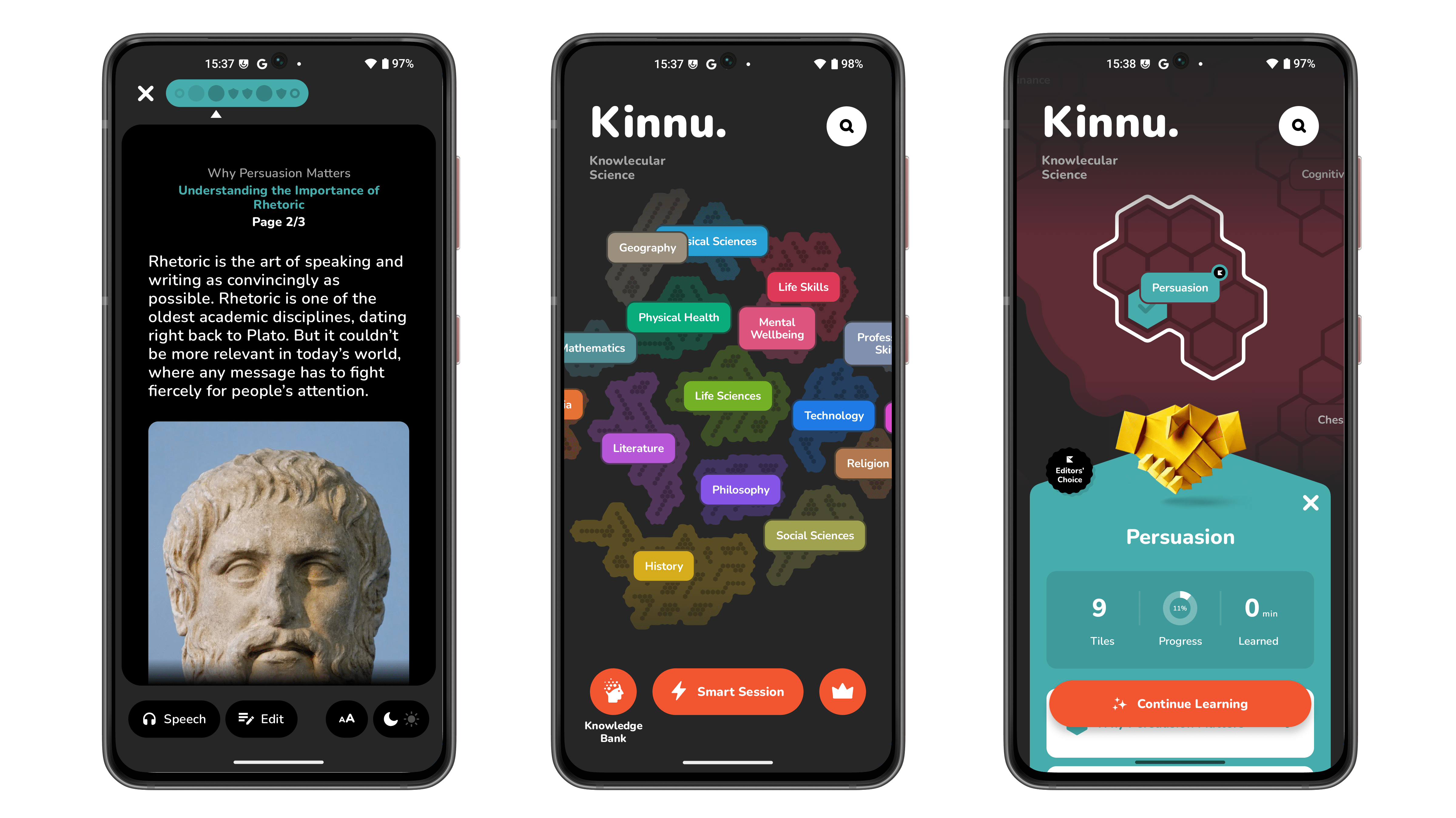 Trois écrans de smartphone montrant l'application Kinnu avec du contenu sur la persuasion et la rhétorique.