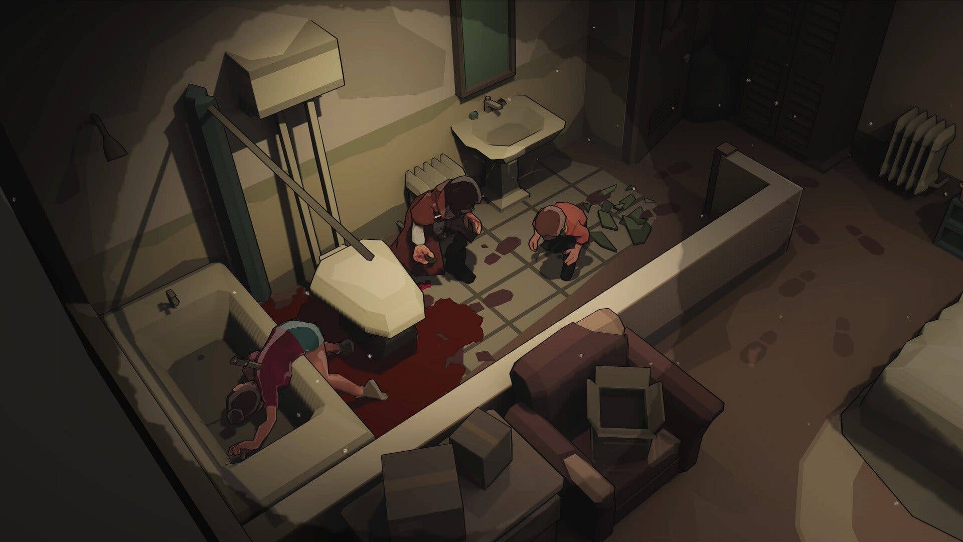 Une vue du dessus d'une scène de salle de bain avec trois personnages, dont un est allongé sur le sol avec des taches de sang.