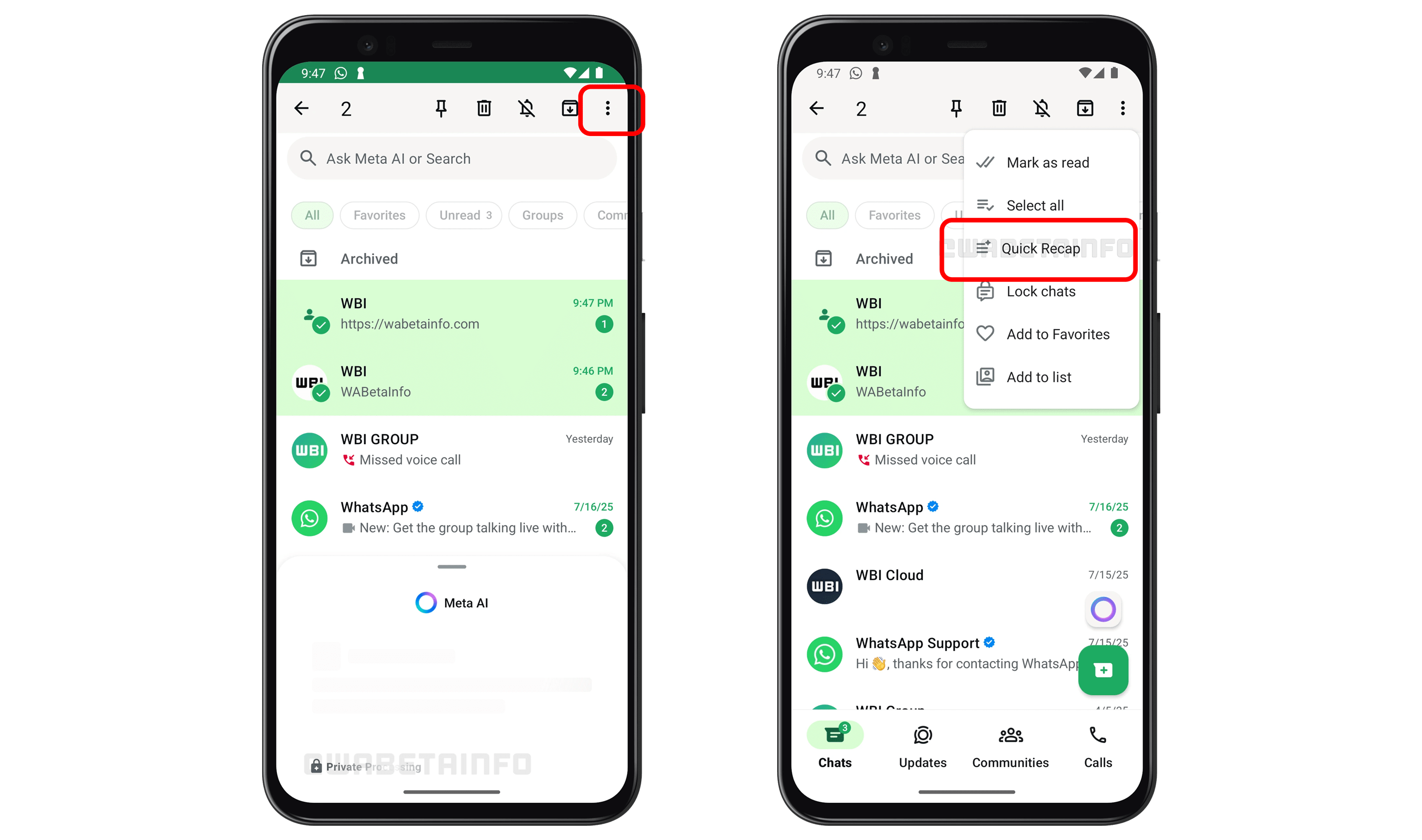Captures d'écran de l'interface WhatsApp montrant des discussions et des options comme 'Récapitulatif rapide'.
