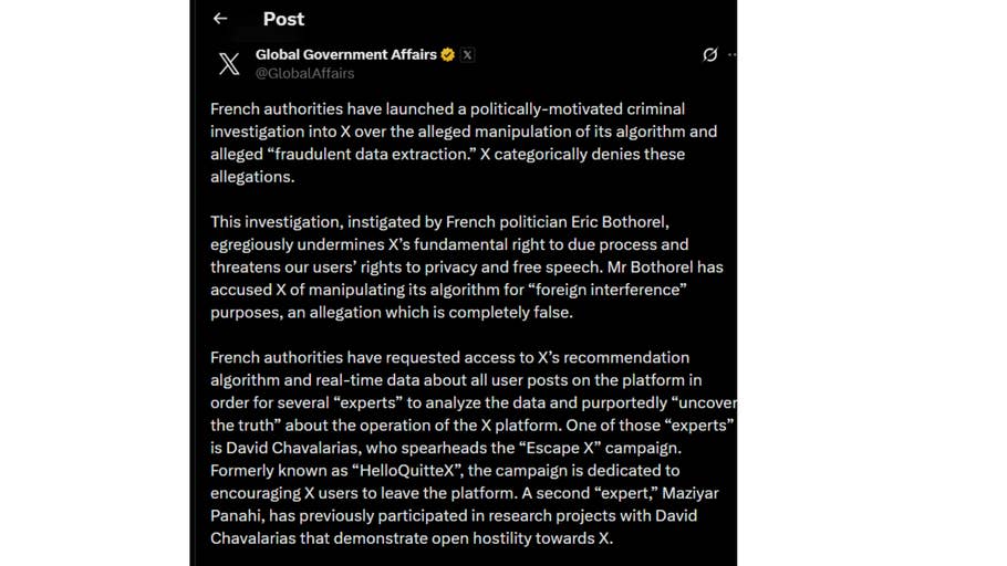 Publication de X Global Government Affairs sur lu0027enquête sur la manipulation de lu0027algorithme de X par les autorités françaises.