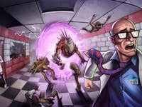 Une scène chaotique dans un laboratoire avec un monstre attaquant, un scientifique effrayé et une femme avec un appareil.