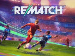 Un joueur de football en rouge dribble un adversaire en bleu pendant un match, avec 'REMATCH' affiché au-dessus.