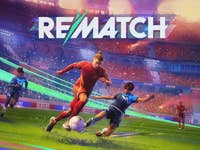 Un joueur de football en rouge dribble un adversaire en bleu pendant un match, avec 'REMATCH' affiché au-dessus.