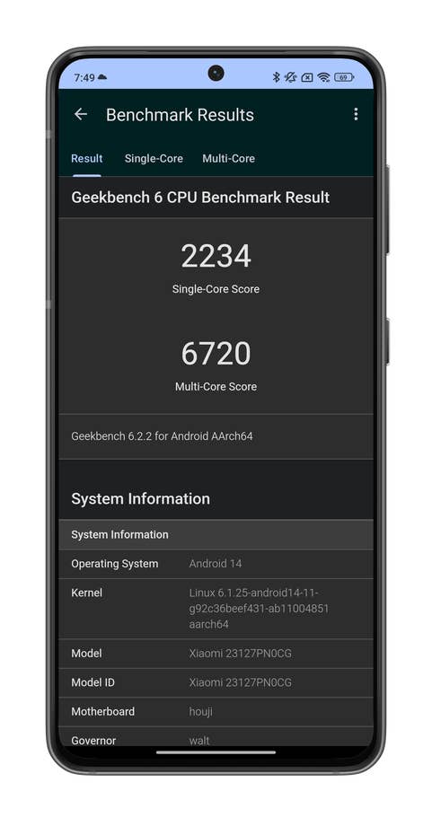 Capture du0027écran des scores obtenus par le Xiaomi 14 sur les benchmarks 3DMark et Geekbench 6