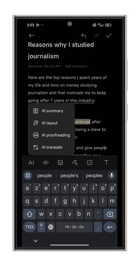 Une capture du0027écran prise sur un smartphone Xiaomi montrant la fonctionnalité AI Notes de HyperOS.
