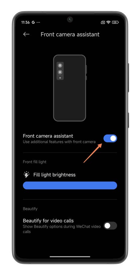 Capture du0027écran montrant comment utiliser la fonction Fill Light de Xiaomi pour éclairer vos appels vidéo en basse lumière