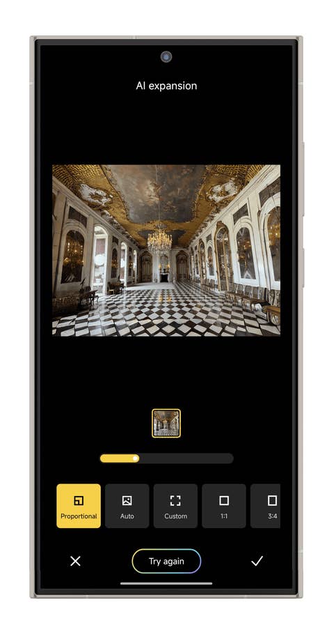 Un écran de téléphone affichant un tutoriel du0027expansion AI avec une grande image du0027une pièce ornée et des options en dessous.