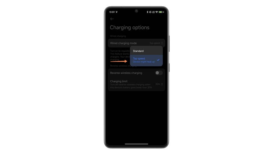 Écran de téléphone Xiaomi affichant les options de charge avec modes de charge filaire : Standard et Vitesse maximale.