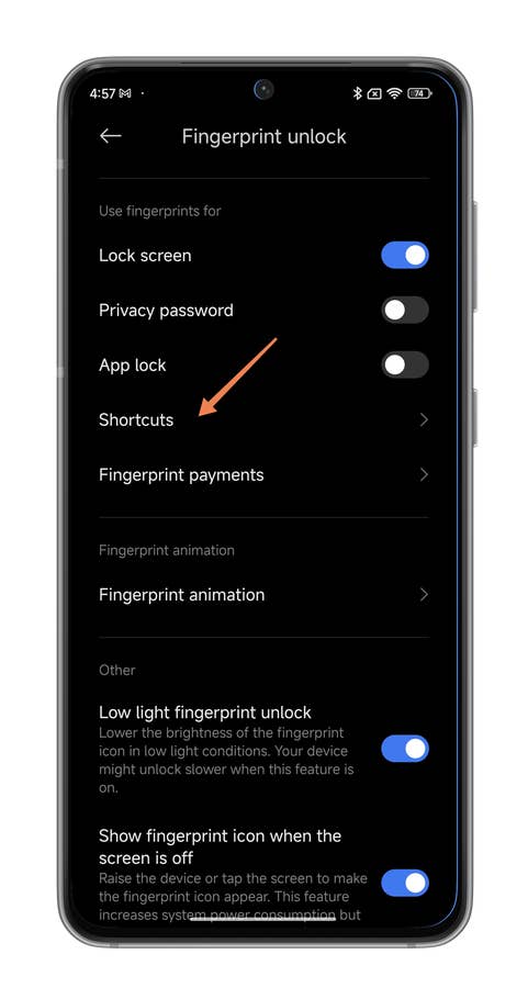 Captures du0027écran de HyperOS montrant comment utiliser le lecteur du0027empreintes de votre smartphone Xiaomi comme un bouton de raccourci