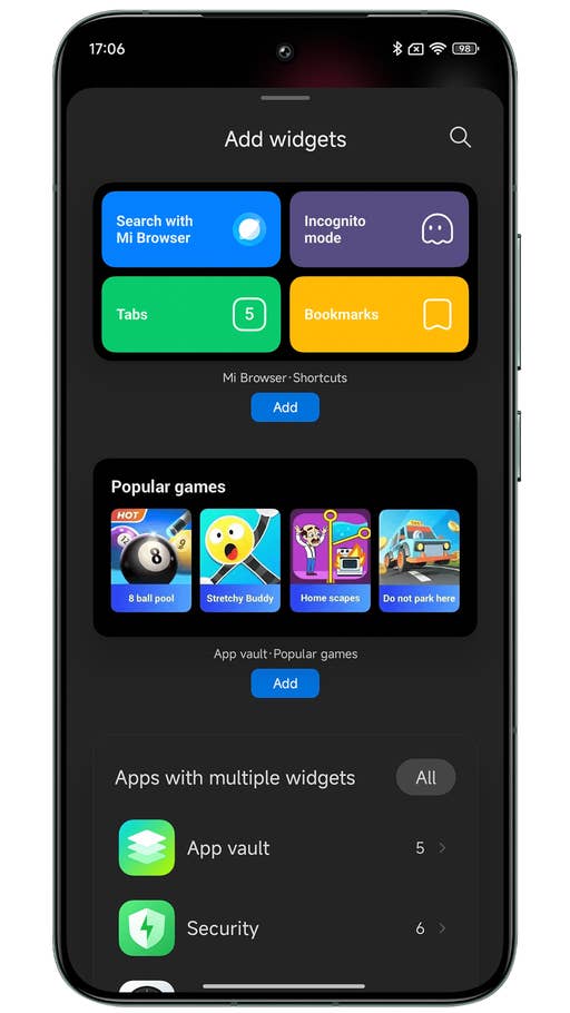 Capture du0027écran de Xiaomi HyperOS montrant les nouveaux widgets pour lu0027écran du0027accueil