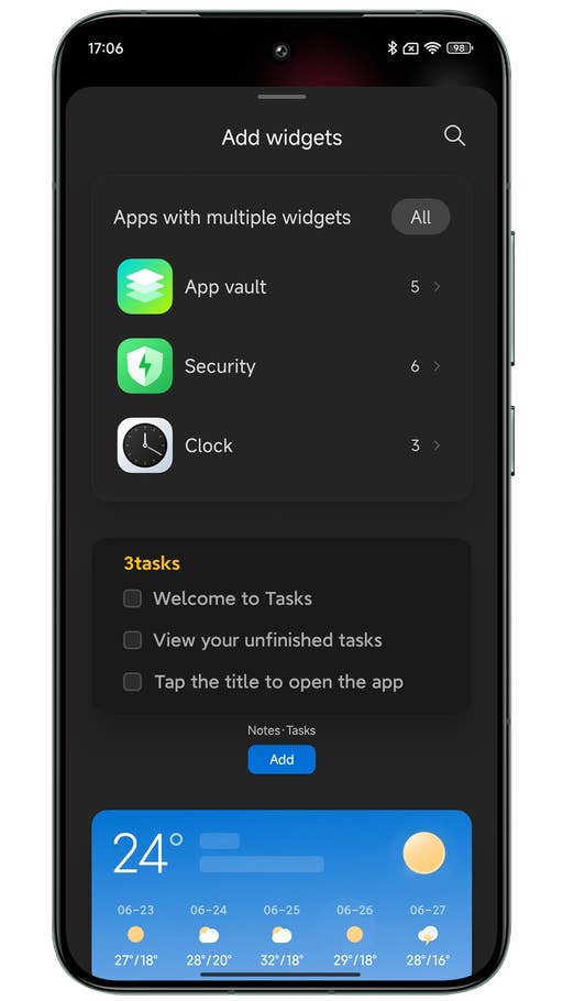 Capture du0027écran de Xiaomi HyperOS montrant les nouveaux widgets pour lu0027écran du0027accueil