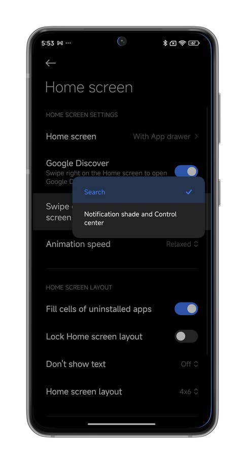 Captures du0027écran de HyperOS montrant comment assigner le geste de swipe vers le bas depuis lu0027écran du0027accueil