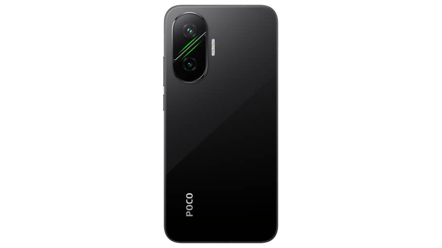 Smartphone Xiaomi Poco F7 noir, avec double caméra et design épuré.