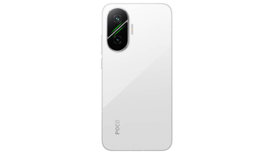 Smartphone Xiaomi Poco F7, dos blanco con módulo de cámara dual.
