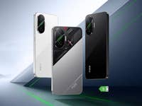 Trois smartphones Xiaomi Poco F7 en argent, noir et blanc sur un fond géométrique.