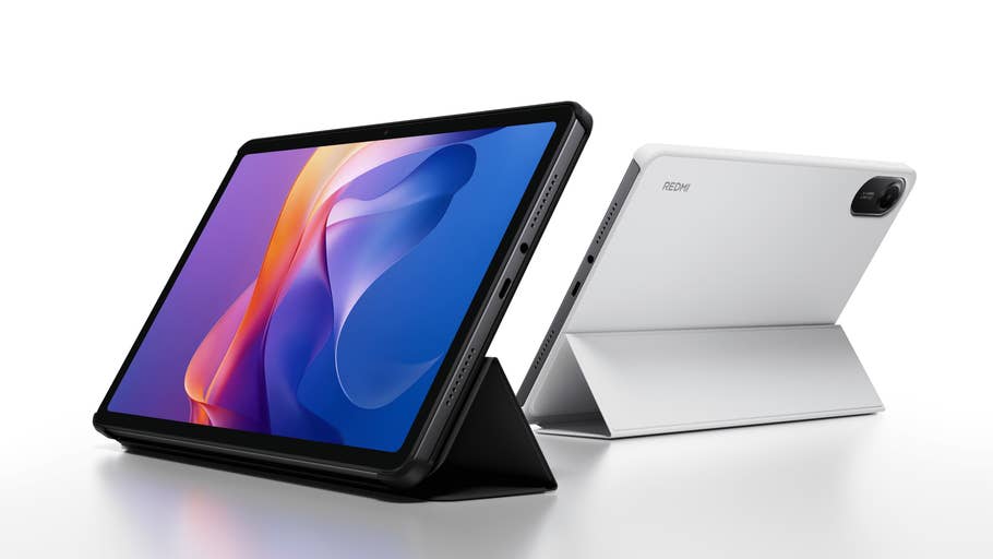 Xiaomi Redmi Pad 2 en noir et blanc, positionné debout avec un écran coloré.